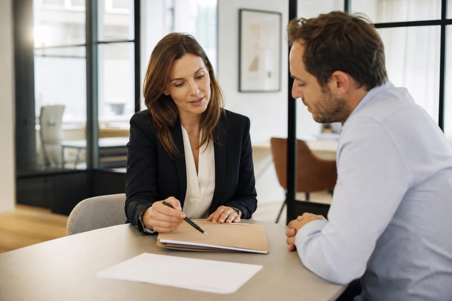 Dans un bureau moderne, une femme en blazer noir montre un dossier à un homme assis de l’autre côté d’une table.
