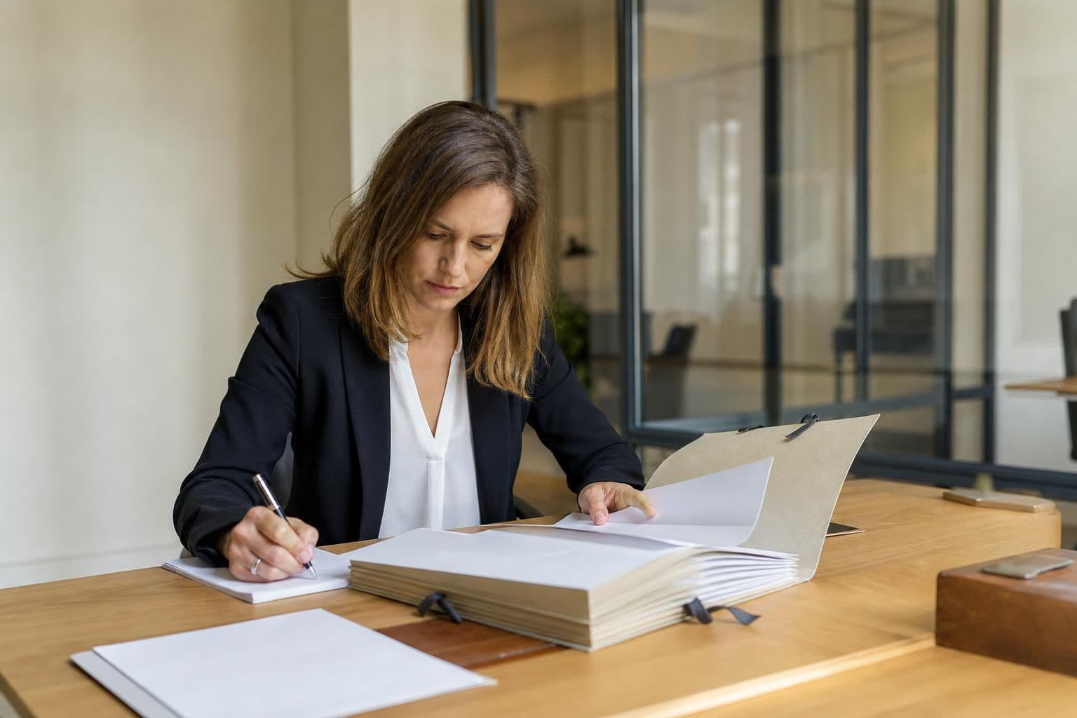 Une femme en tenue de bureau est assise à une table et signe ou lit un dossier épais dans un intérieur de bureau vitré.