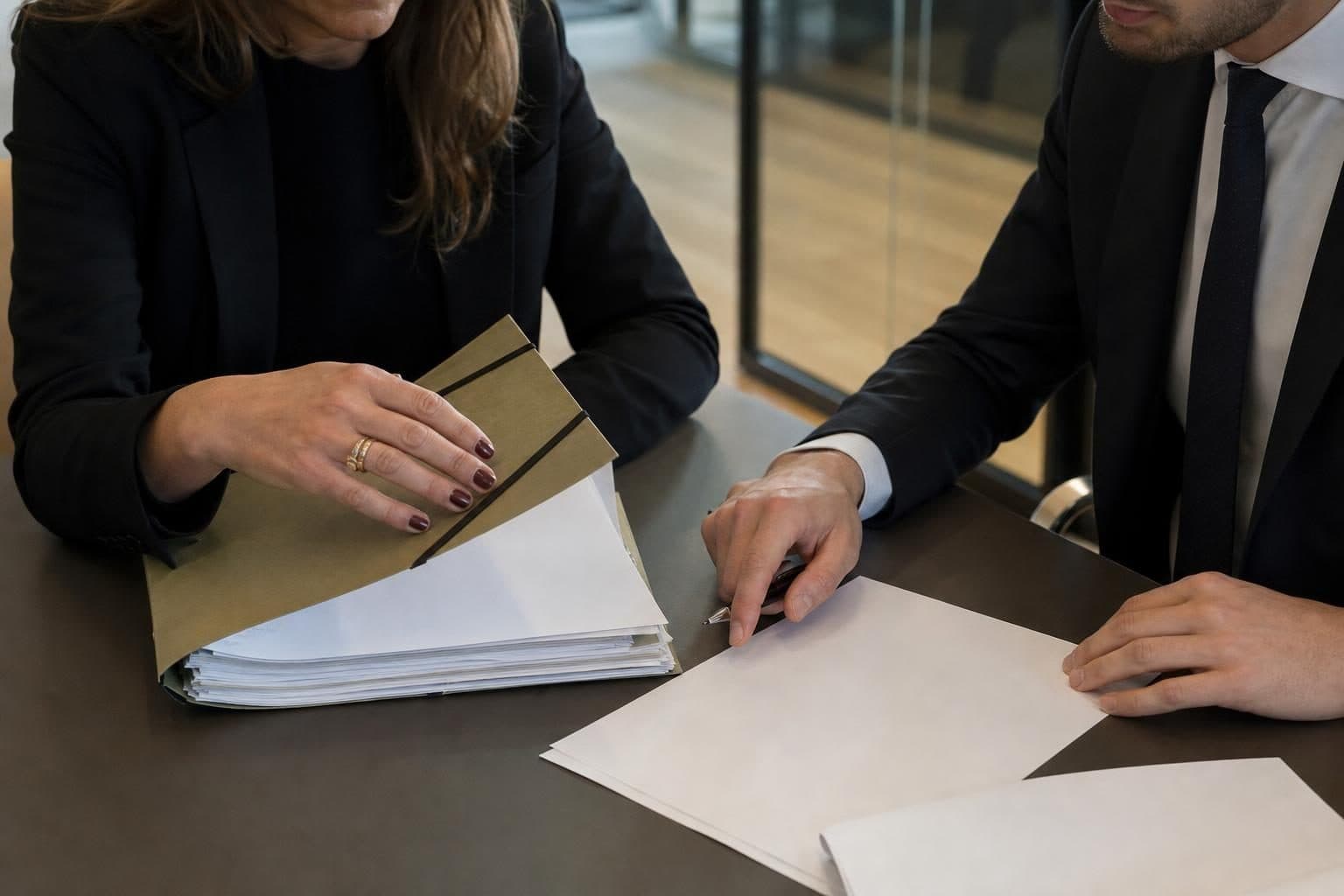 Deux personnes en tenue sombre sont assises à une table de bureau, l’une manipule un dossier épais et l’autre tient u…